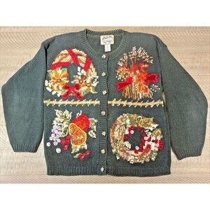 Vtg thanksgiving sweater Knit Cardigan Womens small Fall holiday leaves Granny